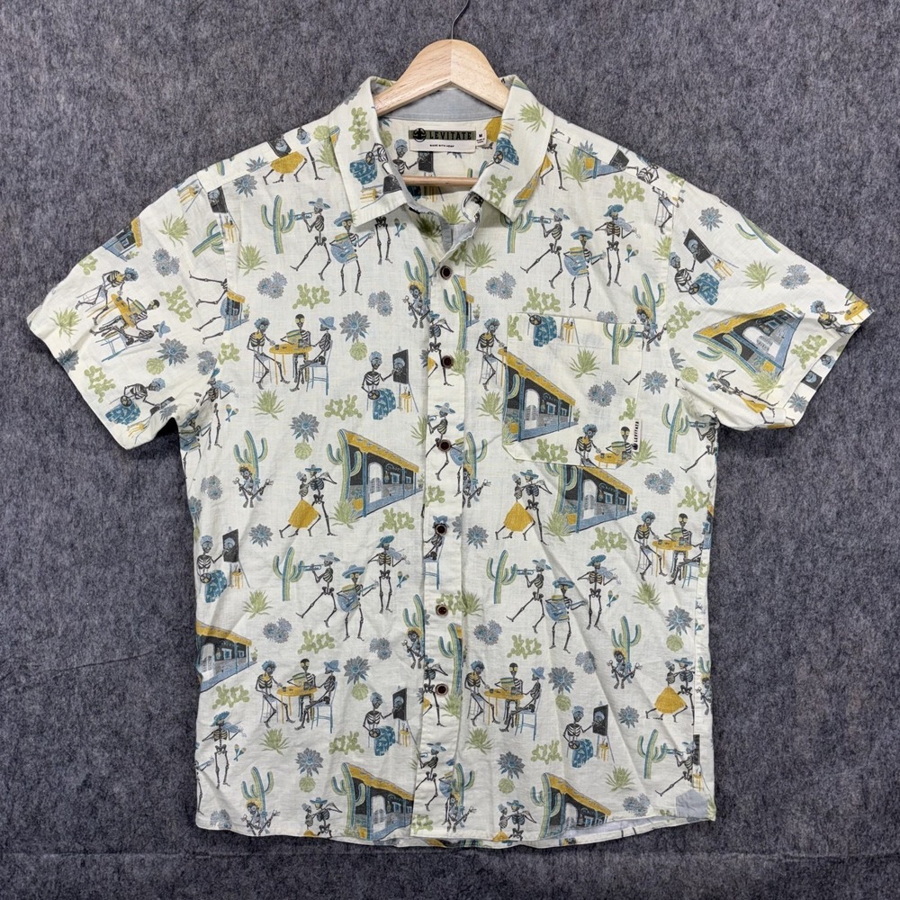 Levitate Cantina Shirt Men's Medium Short Sleeve Hemp Organic Cotton Skeletons‎
